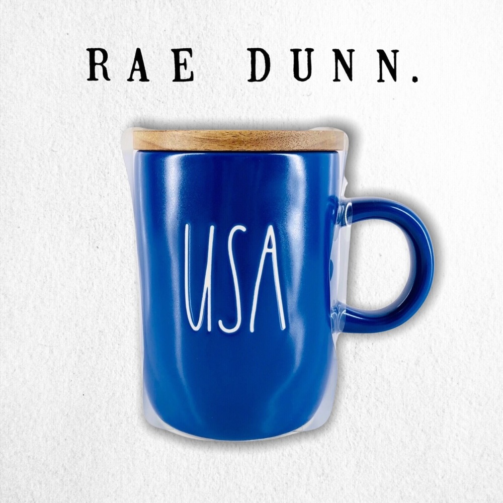 RAE DUNN Patriotic USA Mug with Wooden Topper Lid